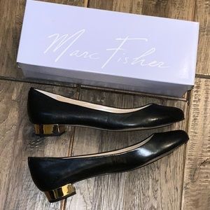 Marc Fisher Scotty gold heeled black leather shoe.